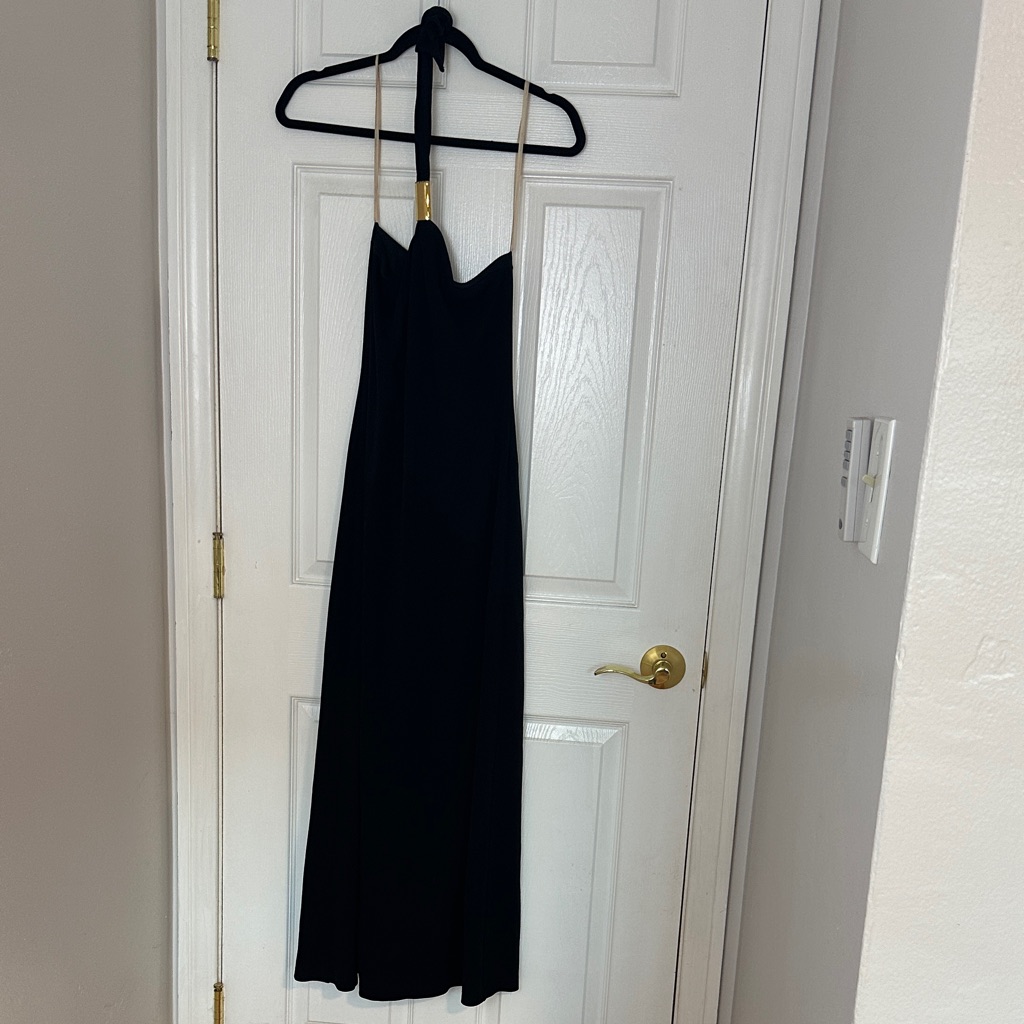 Bcbgmaxazria Black Maxi Slip Dress With Gold-Strap Detail
